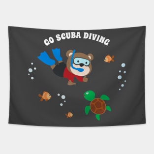 Diving with funny bear and turtle with cartoon style. Tapestry