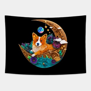 Corgi Dog in Space on Crescent Moon Planets Stars Cute Art Digital Painting Tapestry