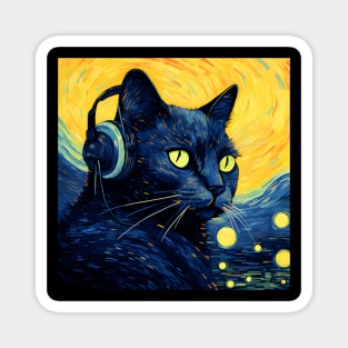 Starry Night Black Cat Wearing Headphones Magnet