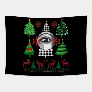 Christmas tree with checkered patterns and an eye in black and white Tapestry