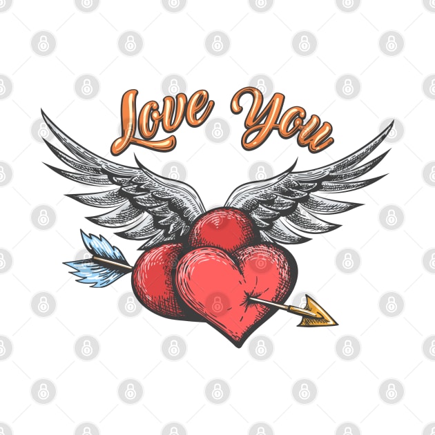 Winged Hearts Pierced by Arrow and lettering Love You drawn in tattoo style. by devaleta