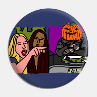 Halloween Horror Woman Yelling at Cat Memes with Pumpkin Head Bernie Sanders Pin