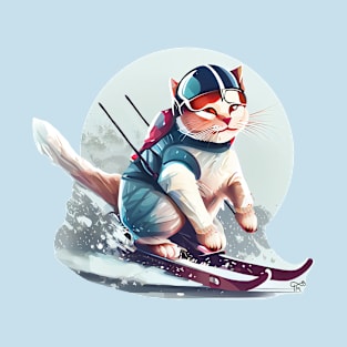 Cat Snow Skiing Sledging Holiday Vacation T-Shirt