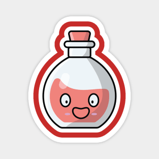 Potion Bottle with Cartoon Character Sticker vector illustration. Science object icon concept. Handsome cartoon with Potion sticker vector design. Cartoon character drink design. Magnet