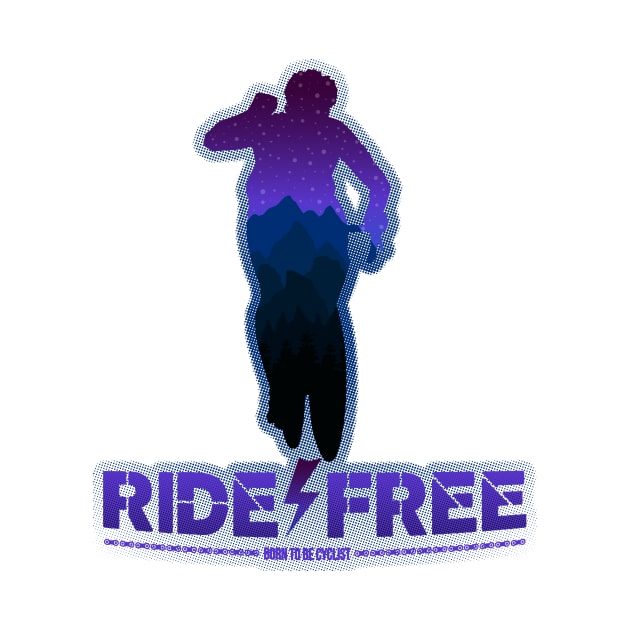 Silhouette of a cyclist man with a mountain cold colors evening landspace inside and a ride free, born to be cyclist legend by Drumsartco