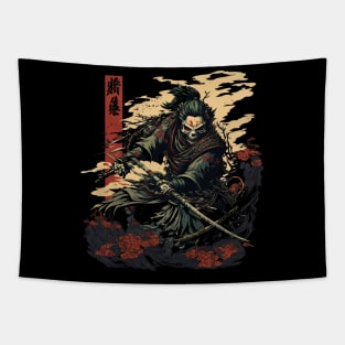 Deathly Defense A Skeleton Samurai's Battle-Ready Mask Tapestry