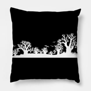 Baobab Trees Silhouette White on Black Pillow