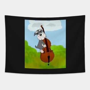 Miniature Schnauzer Funny Dog Playing Double Bass in a Field with Blue Sky Tapestry