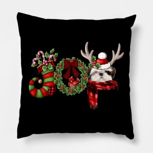 Christmas Joy Dwarf Stocking Reindeer White Shih Tzu Pillow