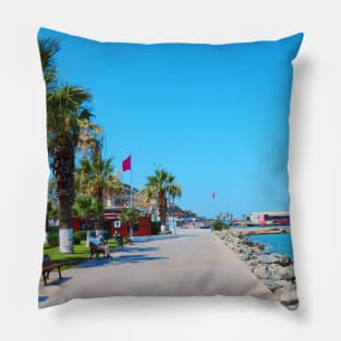 Beautiful photography of ocean, palm trees and blue sky Pillow