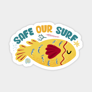 Safe our Surf quote with cute sea animal fish, starfish, coral and shell Magnet