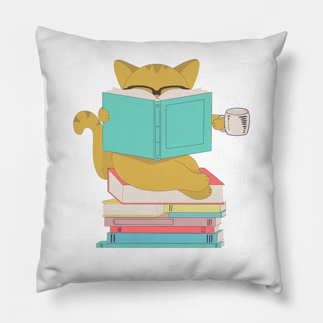 Cat with glasses drinking coffee or tea and reading book Pillow by gogo-jr