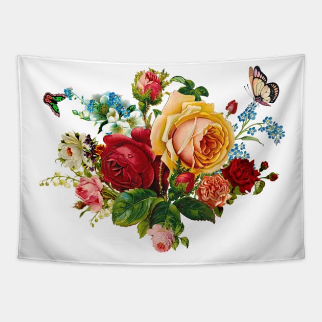 Romantic Rose Bouquet & Butterflies Tapestry by LizzyizzyDesign