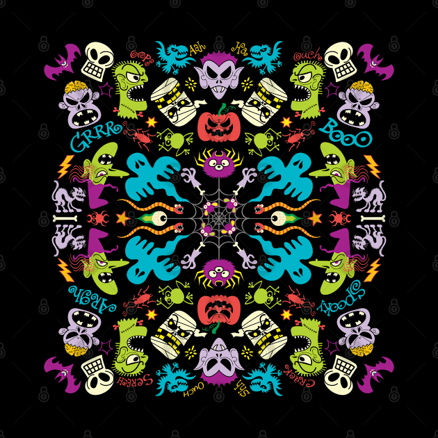 Spooky Halloween characters and symbols celebrating in a colorful pattern design by zooco