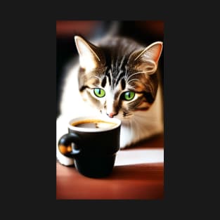 Cat Drinking Coffee Realistic Art T-Shirt