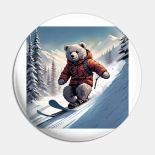 Teddy skiing down a hill in the snow Pin