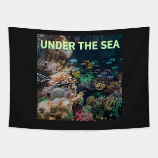 under the sea,blue sea,sea creatures,Turtle, puffer fish, starfish, shrimp, shark, tropical fish, sea horse, seaweed, sardines, squid, crabs, clams Tapestry