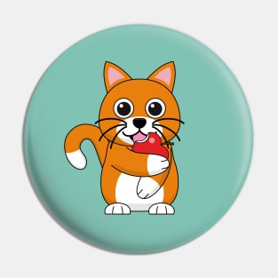 Cute Orange White Cat Eating Red Apple Cartoon Pin