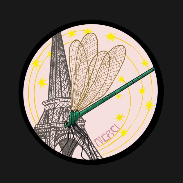 Eiffel Tower with Dragonfly and Stars Merci by ErinaBDesigns