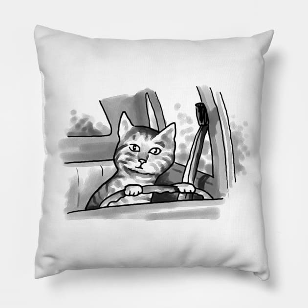 Cat Driving Pillow by bobeckstein