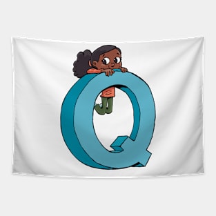 girl hanging on the capital letter Q Tapestry