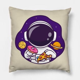 Cute Astronaut Eating Donut And Pizza In Space Cartoon Pillow