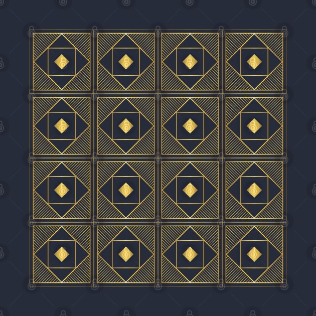 Art Deco diamonds and squares pattern navy and gold by kallyfactory