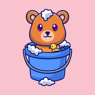 Cute Bear Bathing In Bucket With Bubble Cartoon T-Shirt