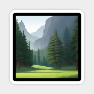 A painting of a forest with mountains in the background Magnet
