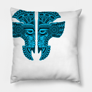 Blue and Black Mayan Twins Mask Illusion Pillow