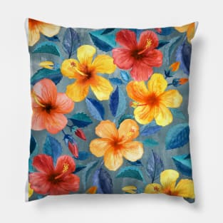 Colorful Watercolor Hibiscus on Grey Blue Pillow