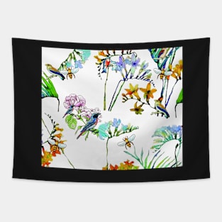 Watercolor Flowers Birds and Bees Tapestry