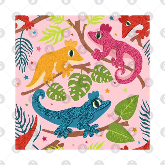 Colourful Crested Geckos with Jungle Leaves and Stars on pale pink by NattyDesigns