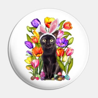 Cat Bunny Ears And Tulip Flowesr Happy Easter Day Pin