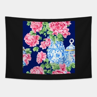 Roses in chinoiserie jar on navy blue background Tapestry