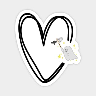 cute ghost catching a bat in a black heart Magnet