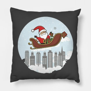 Santa, sleigh, cityscape, reindeer, Christmas, night, moon, holiday, festive, magical Pillow