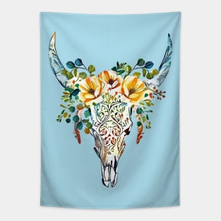 Cow Skull and Crown eucaliptus leaves and little flowers, boho, bull skull Tapestry