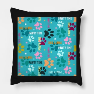 pawty time – paw prints on blue seamless repeat pattern Pillow