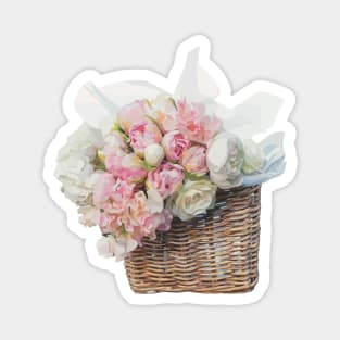 Bunch of pink and white peonies flowers in a wicker basket Magnet