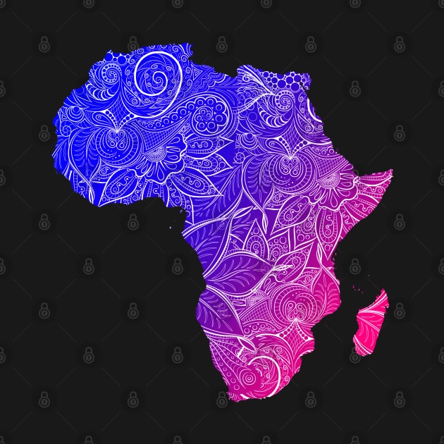 Colorful mandala art map of Africa with text in blue and violet by Happy Citizen