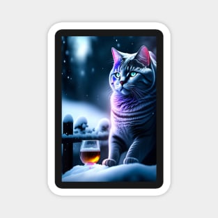 Enchanted Evening: Mystical British Shorthair Relaxes with a Drink on a Snowy Night Magnet