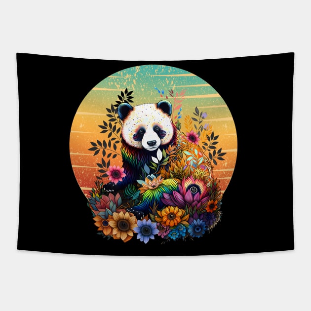 Colorful funny Panda with Sunset, floral tattoo, panda bear rainbow color, colored Tapestry by Collagedream