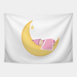 Newborn baby girl sleeping on the moon Tapestry