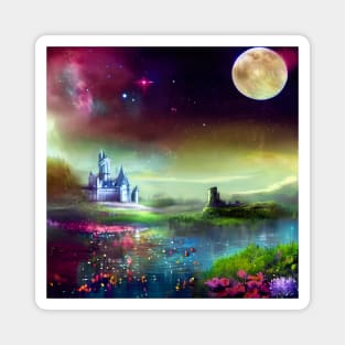 Fantasy castle across a flower filled pond Magnet