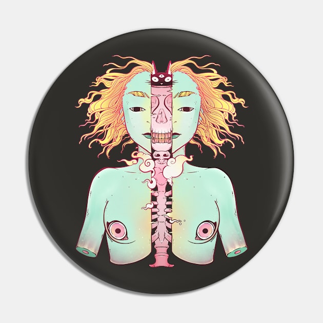 Split Skeleton Girl With Cat Head Pin by cellsdividing