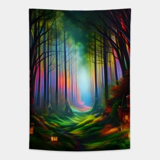 Dreamy Rainbow Colored Forest Trail - Digital AI Art Tapestry