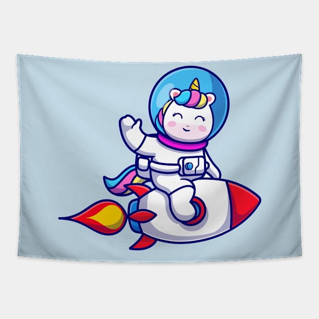 Cute Unicorn Astronaut Riding Rocket And Waving Hand  Cartoon Tapestry by Catalyst Labs