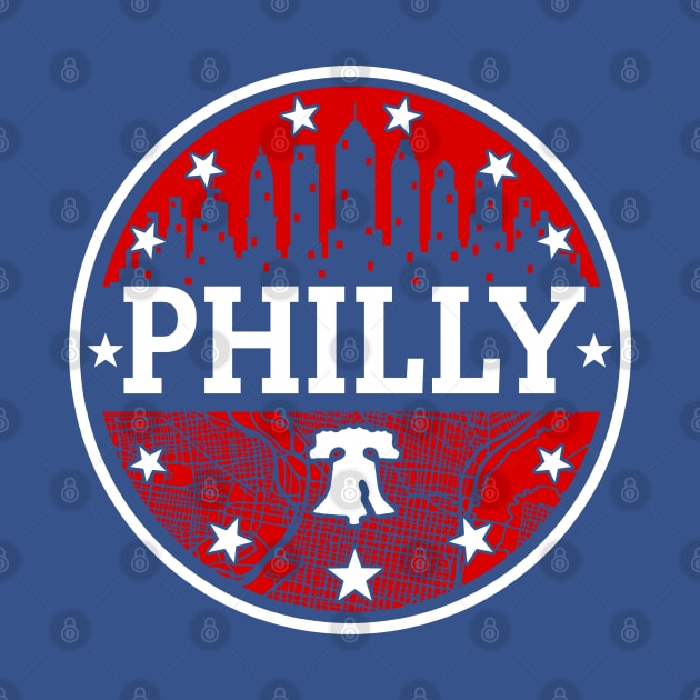 Red White and Blue Philly Fan Philadelphia Skyline Liberty Bell Map Art by TeeCreations