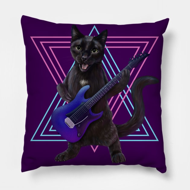 Cat playing electric guitar Pillow by Mehu Art